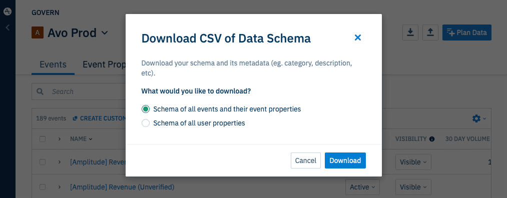 Screenshot of the download modal on Amplitude Data