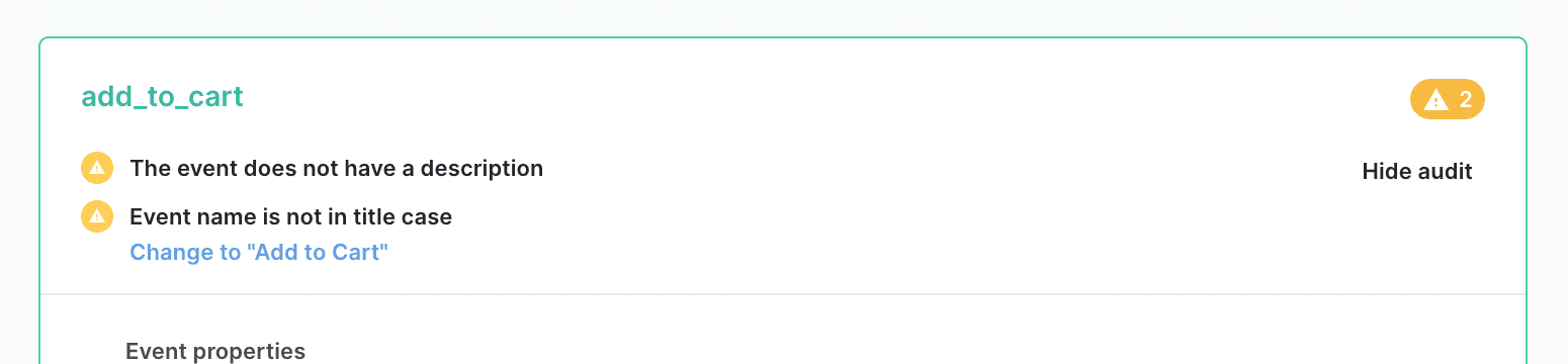 Example of an inline audit in the diff screen showing changes to an event called add_to_cart. The audit suggests there are two issues: the event name is not consistent with the naming convention and it doesn't have a description.