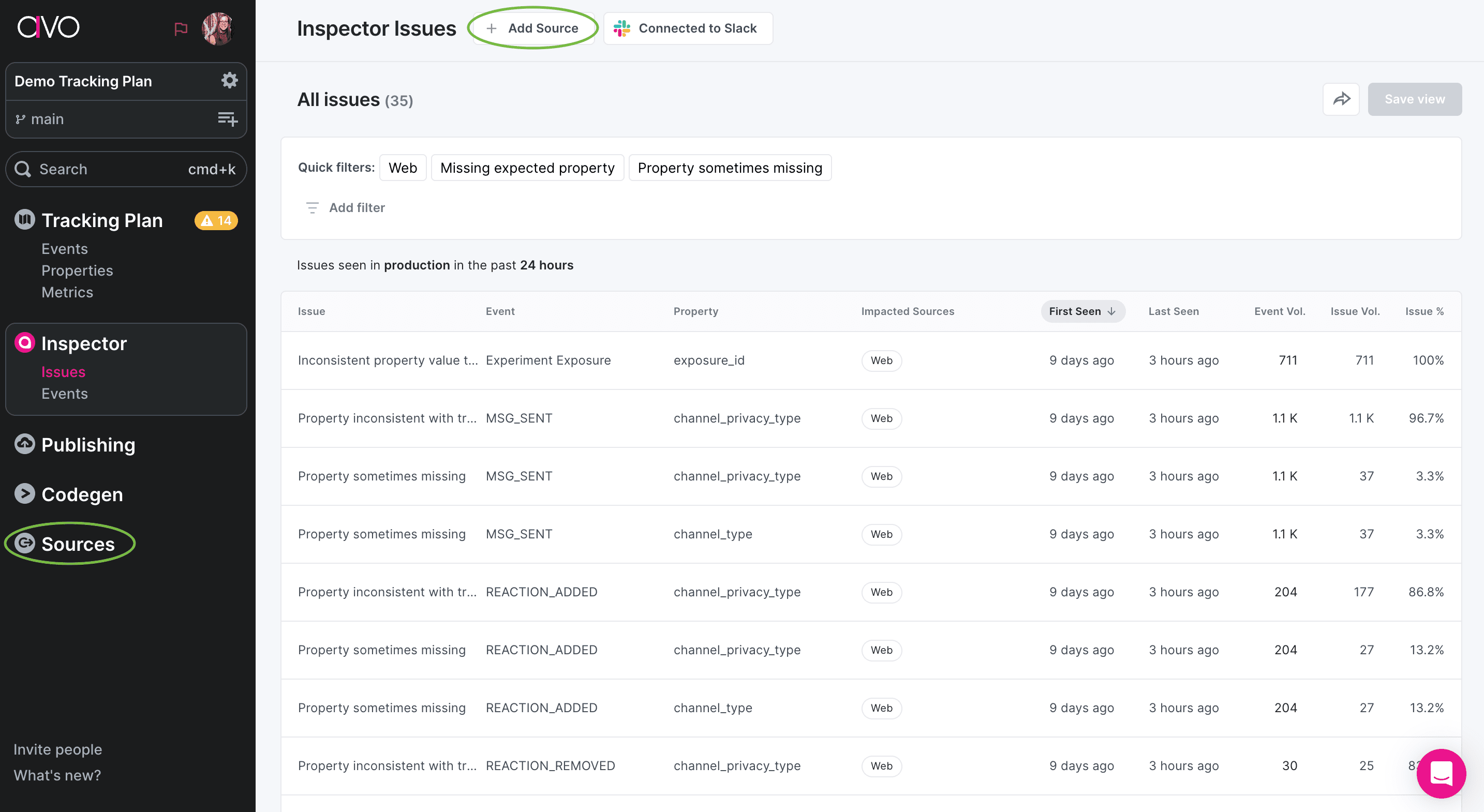 Navigation to Inspector sources screen in Avo